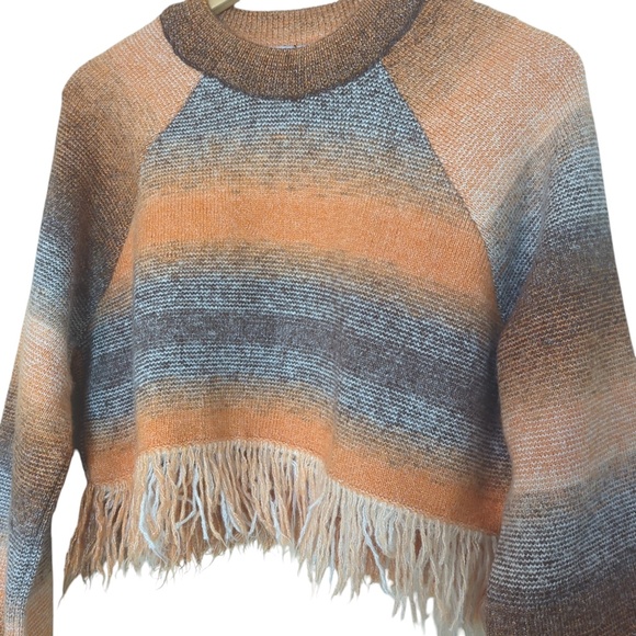 Zara NWT Fringed Cropped Striped Pullover Long Sleeve Sweater Orange - Picture 5 of 9